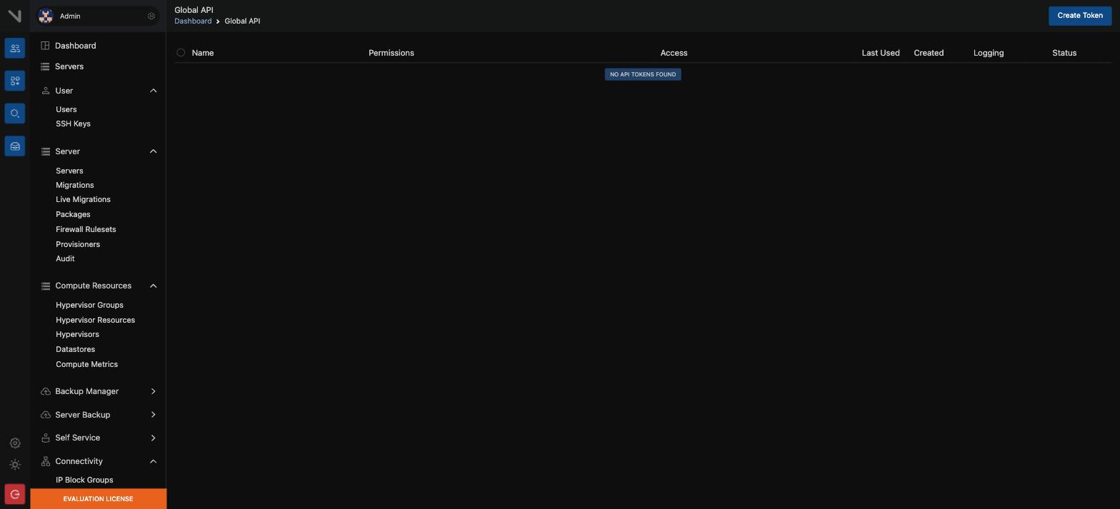 The Global API page. Each token shows its permissions, its IP restriction (Access), the last use, and the state.