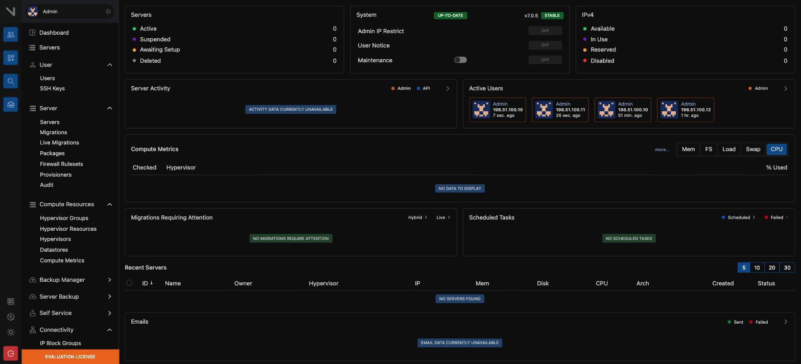 The administrator dashboard. The cards give the server counts, the system state, the IPv4 pool, and the active users.