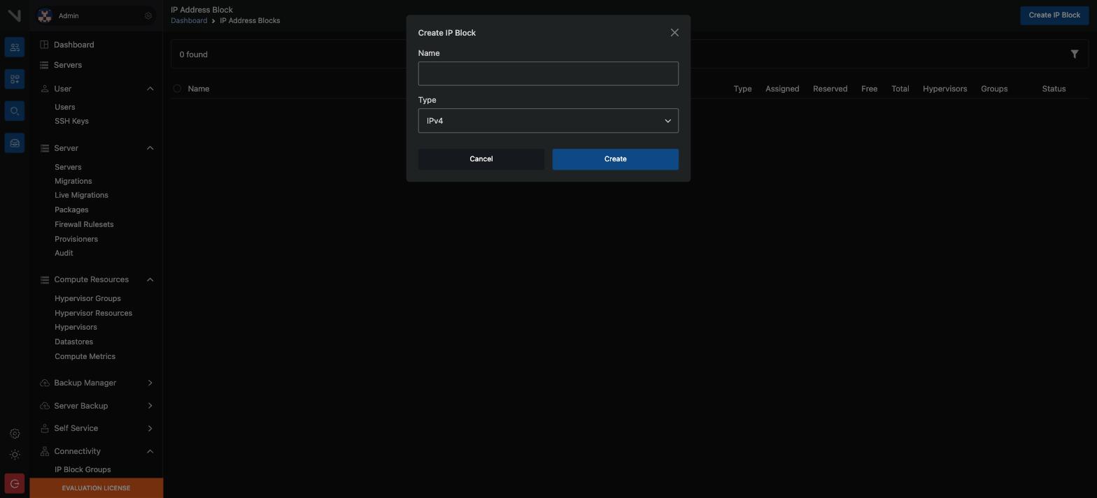 Create IP Block ডায়ালগ। ব্লক শুরু হয় একটি নাম ও একটি ধরন দিয়ে। IPv4 ও IPv6 আলাদা ধরন।