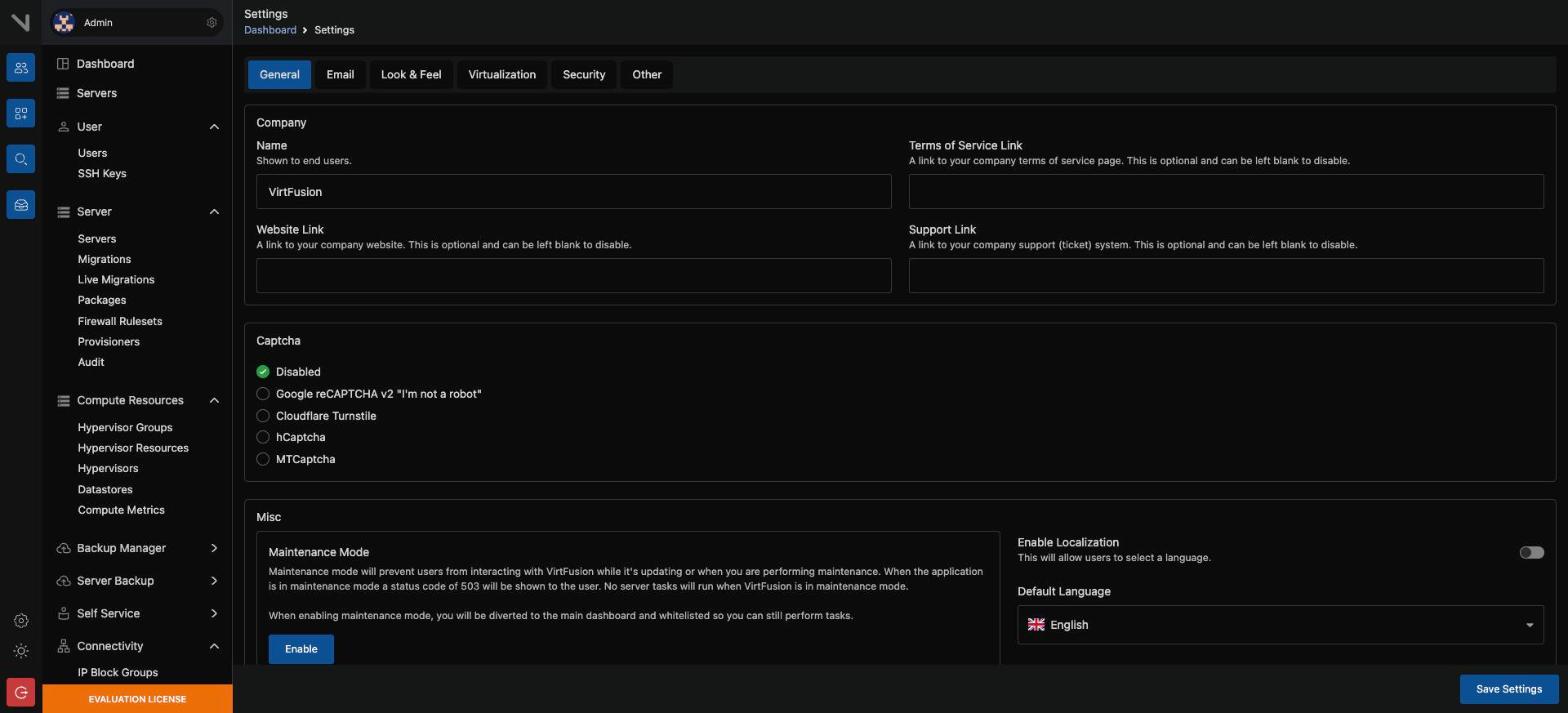 The General tab of Settings. The company name, the captcha, maintenance mode, and the default language are here.