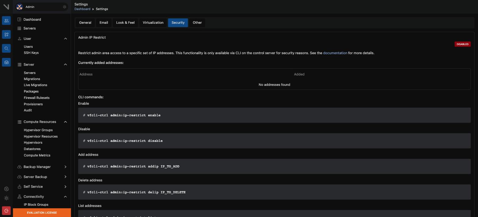 The Security tab of Settings. The page gives the CLI commands, because the browser cannot change this list.