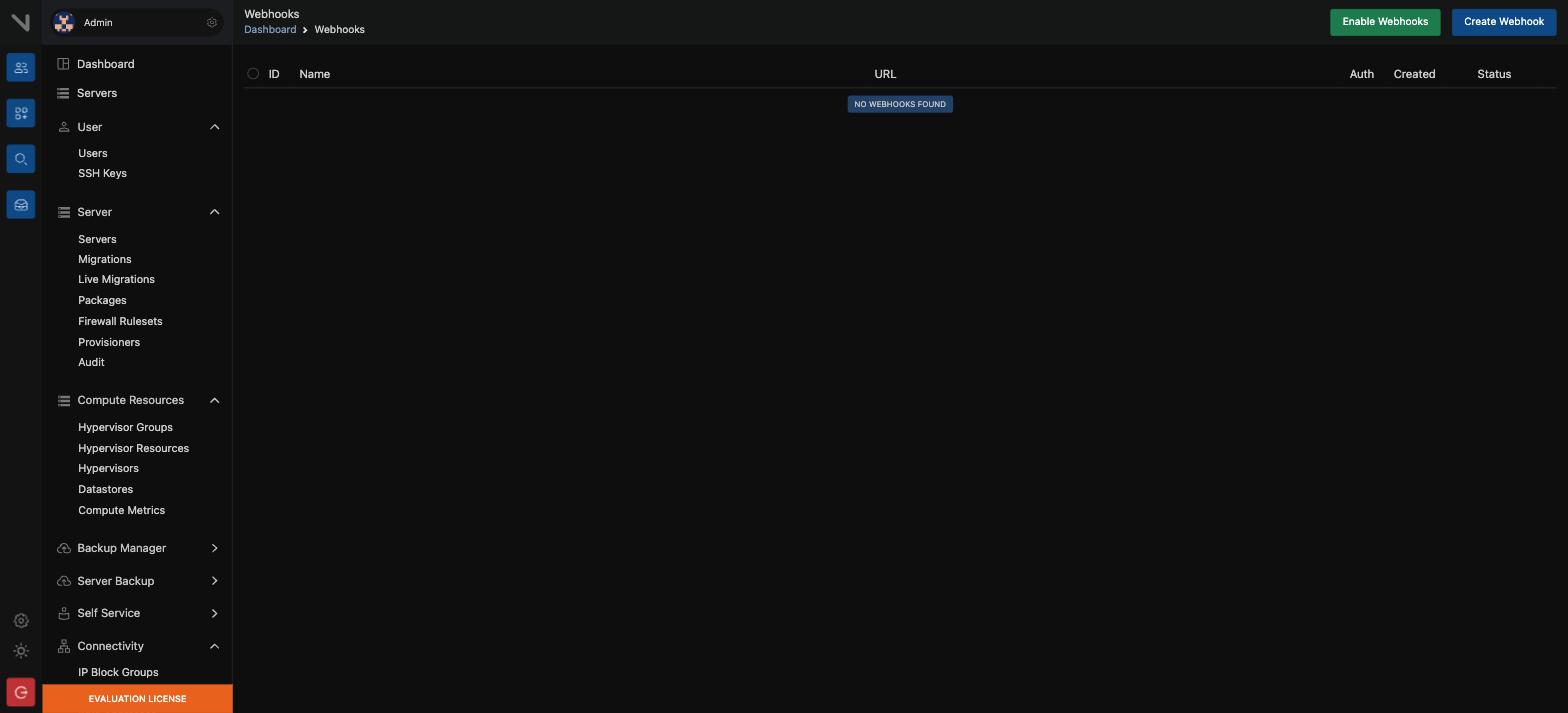 The Webhooks page. Webhooks have their own master switch, so you can stop all of them without deletion of the rules.